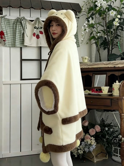 天使子猫甘々刺繍裏起毛フード付きケープルームウェア秋冬萌え系防寒パジャマ