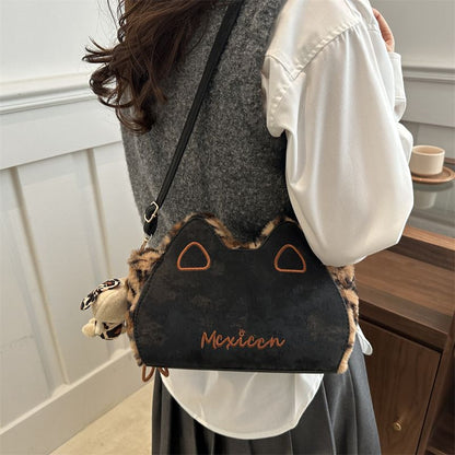Fluffy shoulder bag with leopard ears | Cute irregular-shaped bag for autumn and winter 