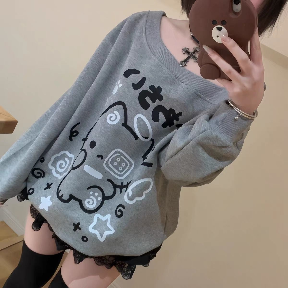 Jirai Kei Kitty Off-Shoulder Long-Sleeve Sweatshirt