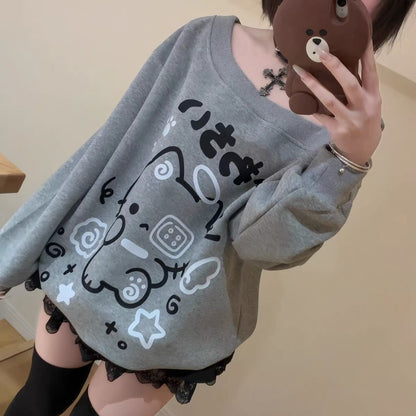 Jirai Kei Kitty Off-Shoulder Long-Sleeve Sweatshirt