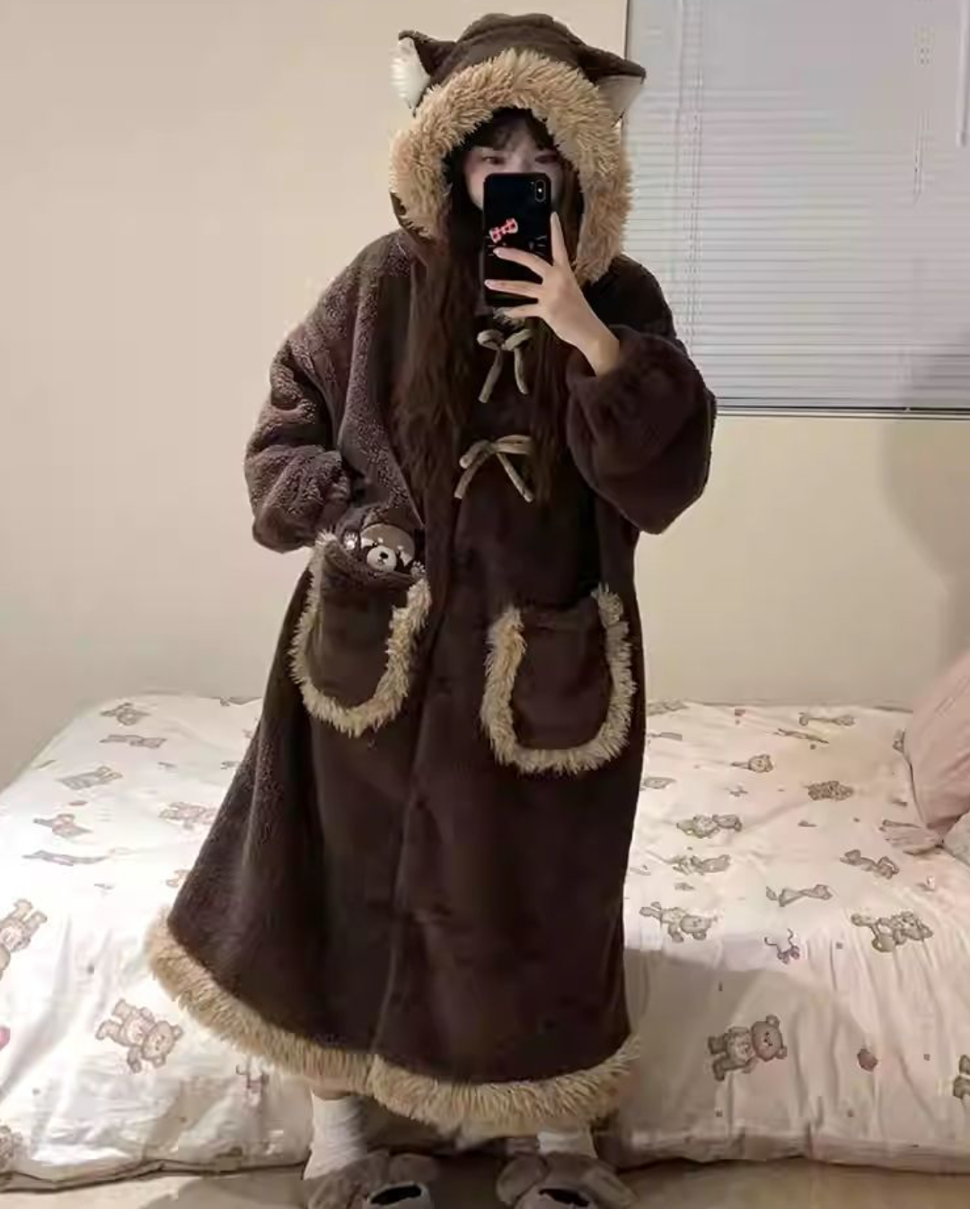 クマのモコモコフード付きガウン＆パジャマセット / とろける触感の可愛いルームウェア