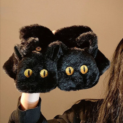 Black Cat Mittens | Fluffy Fingerless &amp; Lidded Gloves 