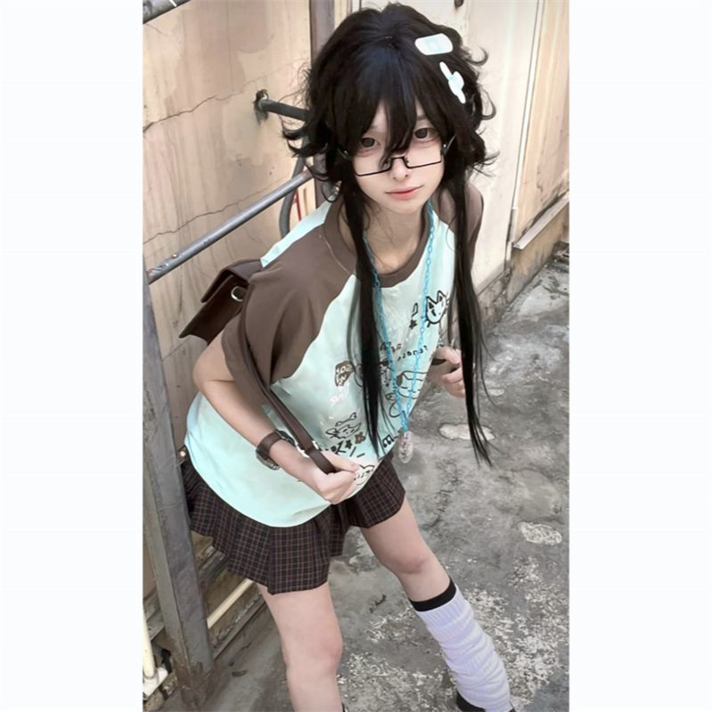 2025新作大人可愛い配色切替半袖Tシャツゆったりトップス