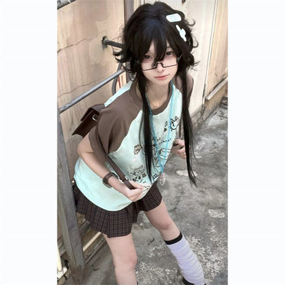 2025新作大人可愛い配色切替半袖Tシャツゆったりトップス