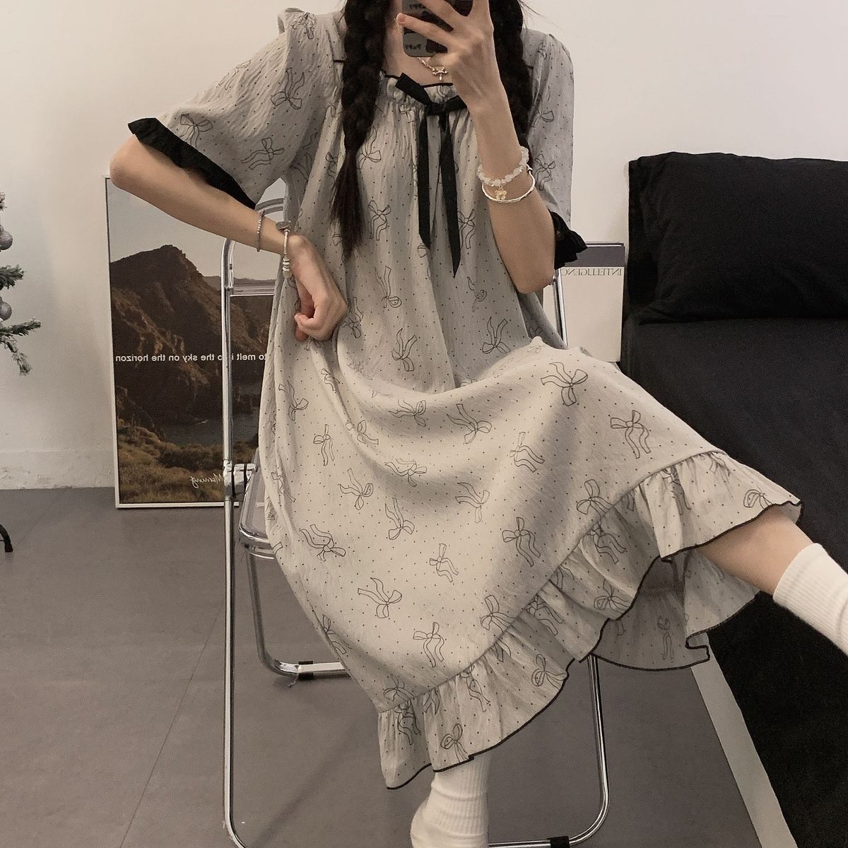 【大人可愛い】パッド付きリボン姫系ルームワンピースパジャマ