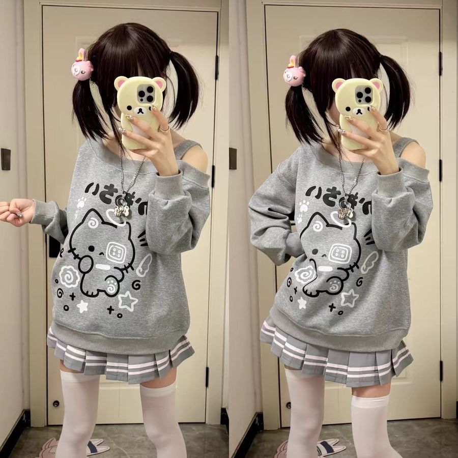Jirai Kei Kitty Off-Shoulder Long-Sleeve Sweatshirt