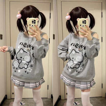 Jirai Kei Kitty Off-Shoulder Long-Sleeve Sweatshirt