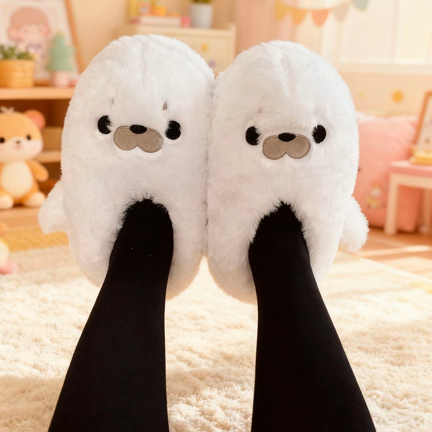 もちもち触感の可愛いもこもこスリッパ / 滑り止め付き防寒ルームシューズ