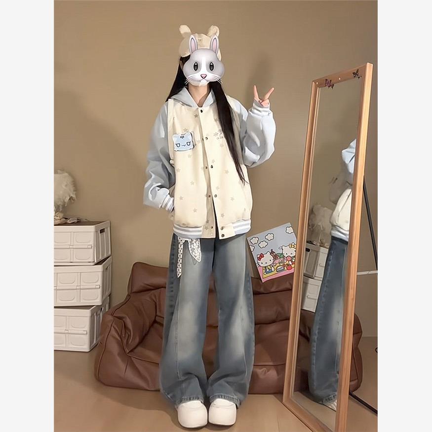 可愛い猫耳フード付きスタジャン裏起毛パーカー厚手