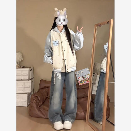 可愛い猫耳フード付きスタジャン裏起毛パーカー厚手