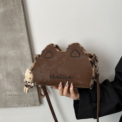 Fluffy shoulder bag with leopard ears | Cute irregular-shaped bag for autumn and winter 